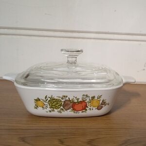 Corningware White Casserole Dish with Harvest Vegetable Motif and Glass Lid
